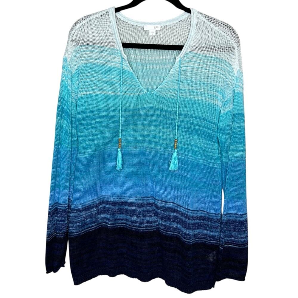 J. Jill 100% Linen Ombré Blue White Open Knit Tassel Beaded Aqua Size Small